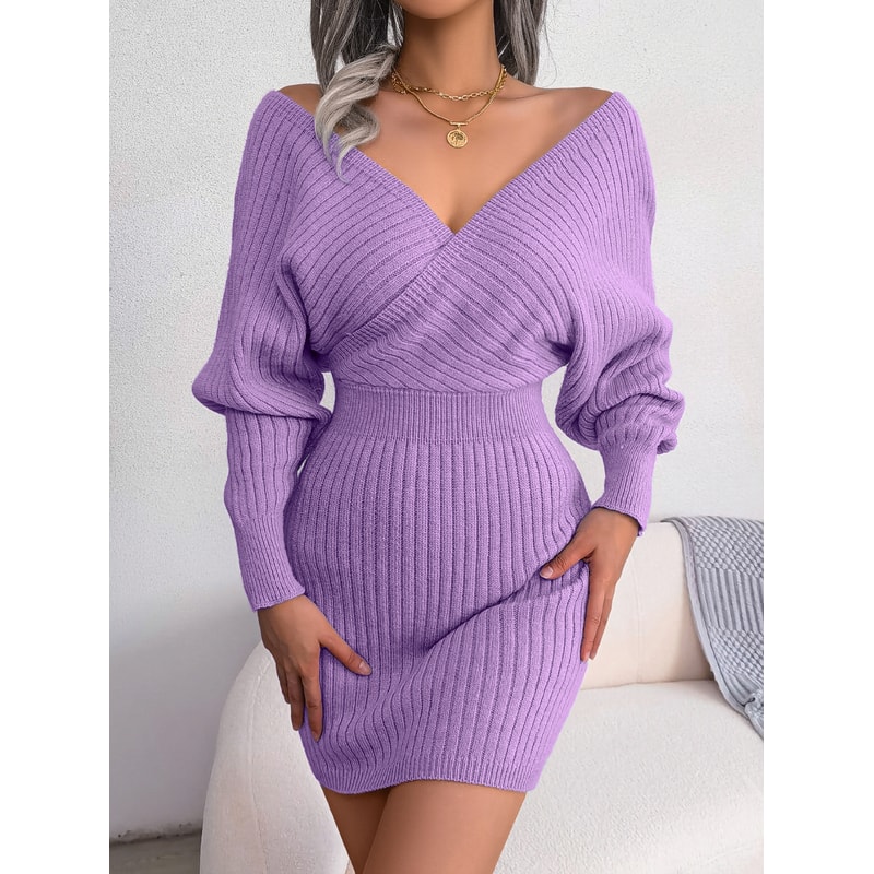 Casual Autumn Winter Long Sleeve Knitted Dresses, Solid Color Style in White Green Blue Black Purple