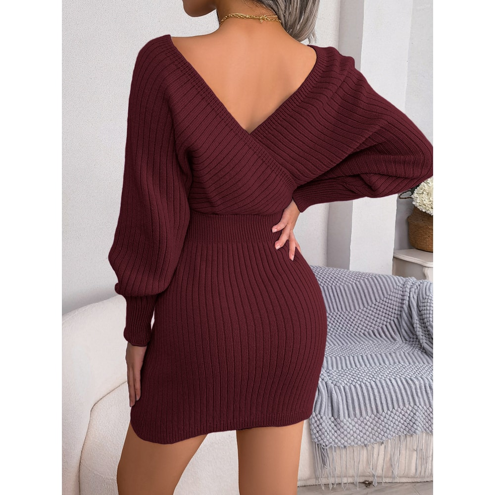 Casual Autumn Winter Long Sleeve Knitted Dresses, Solid Color Style in White Green Blue Black Purple