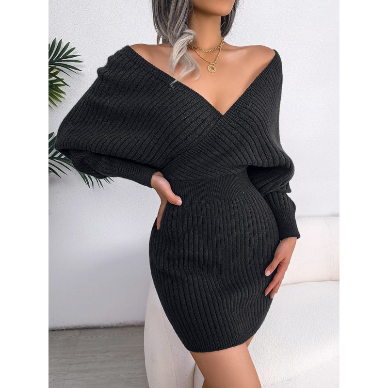 Casual Autumn Winter Long Sleeve Knitted Dresses, Solid Color Style in White Green Blue Black Purple