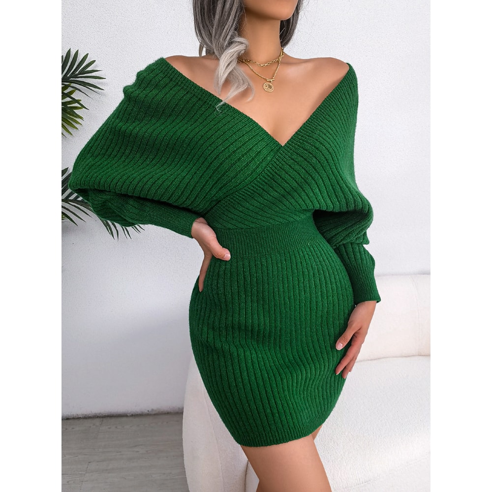 Casual Autumn Winter Long Sleeve Knitted Dresses, Solid Color Style in White Green Blue Black Purple