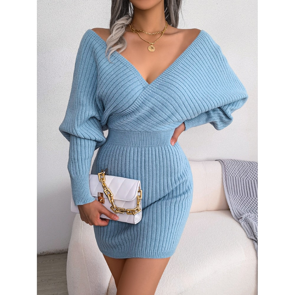 Casual Autumn Winter Long Sleeve Knitted Dresses, Solid Color Style in White Green Blue Black Purple