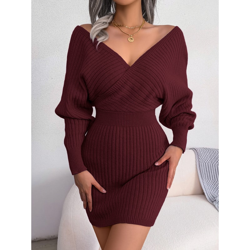 Casual Autumn Winter Long Sleeve Knitted Dresses, Solid Color Style in White Green Blue Black Purple