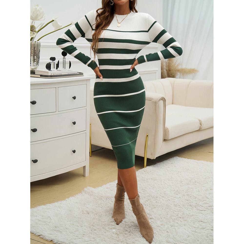 Striped Bodycon Dress Fall Holiday Vestido Long Sleeve Knit Office Lady Elegant Dress 3