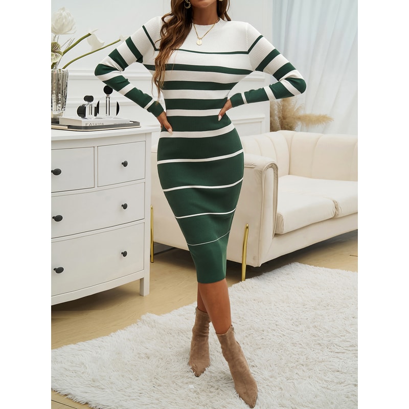 Striped Bodycon Dress Fall Holiday Vestido Long Sleeve Knit Office Lady Elegant Dress 3