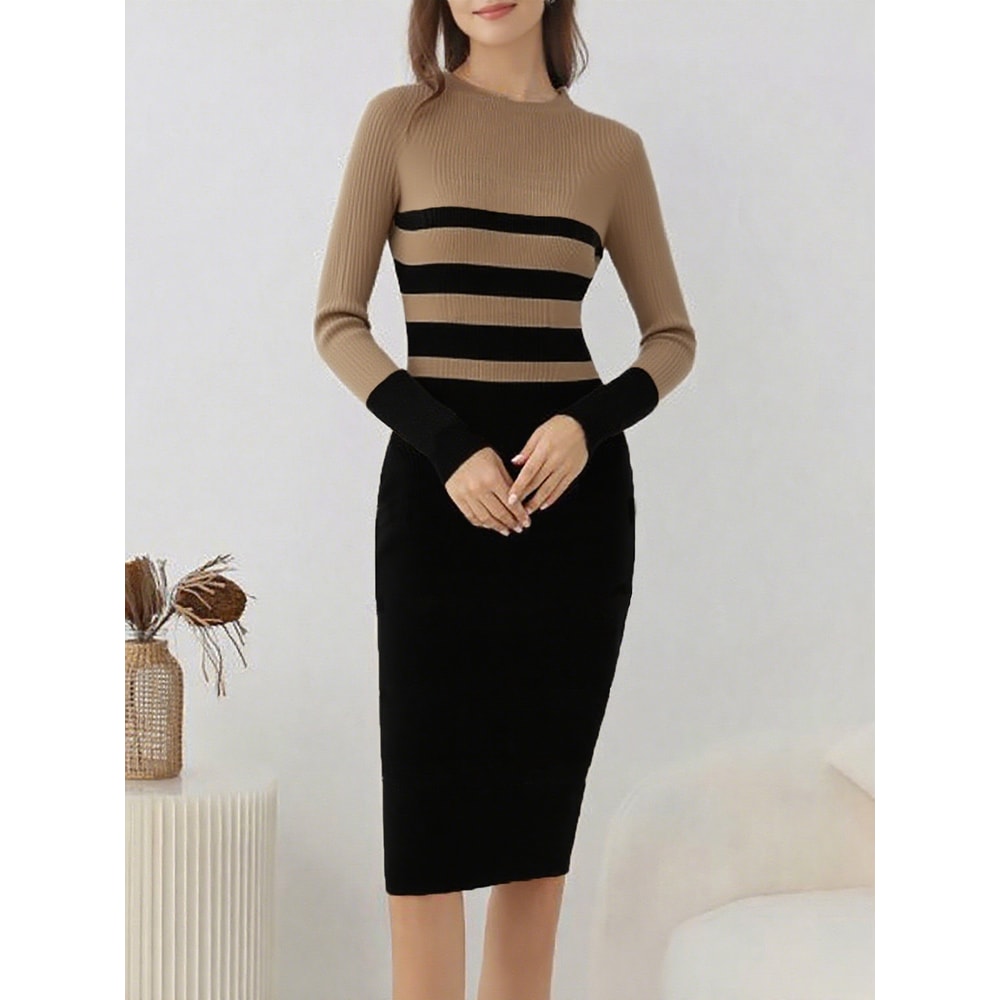 Striped Bodycon Dress Fall Holiday Vestido Long Sleeve Knit Office Lady Elegant Dress 4