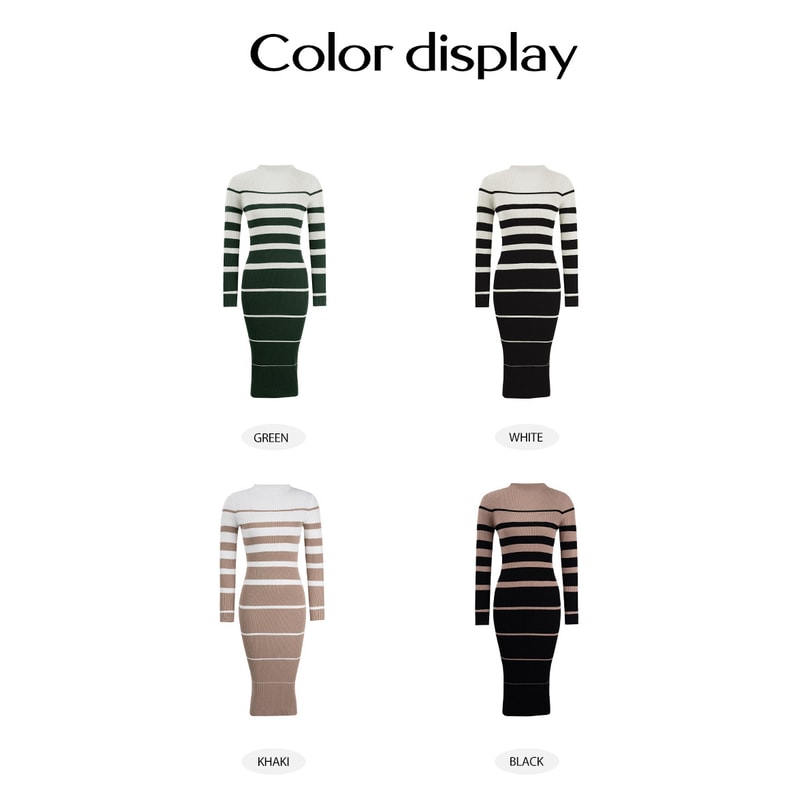 Striped Bodycon Dress Fall Holiday Vestido Long Sleeve Knit Office Lady Elegant Dress 5