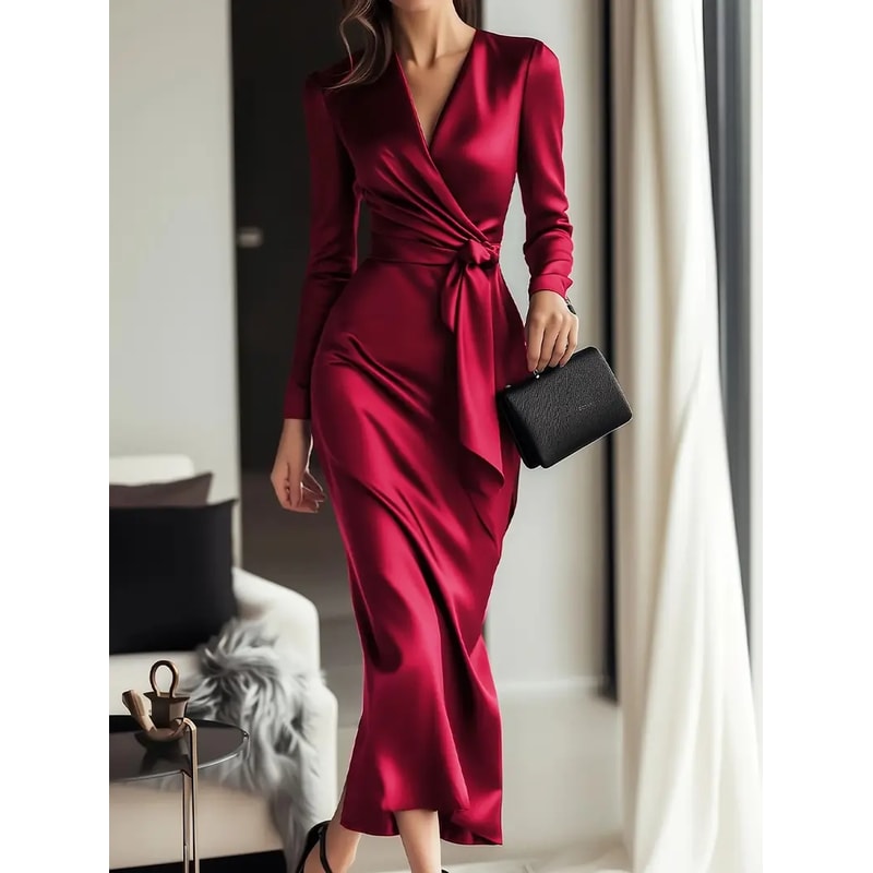 Hepburn style long sleeved lace tight waist dress, autumn temperament goddess dress for women