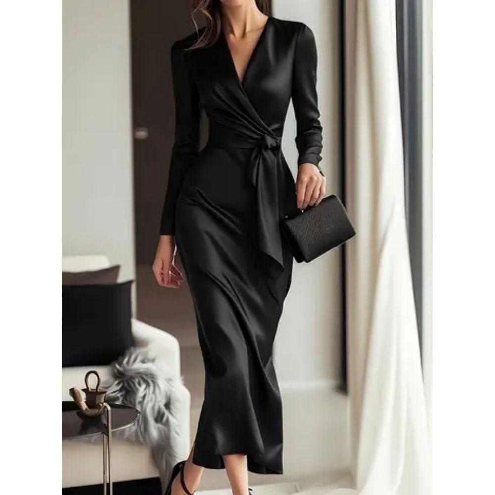 Hepburn style long sleeved lace tight waist dress, autumn temperament goddess dress for women