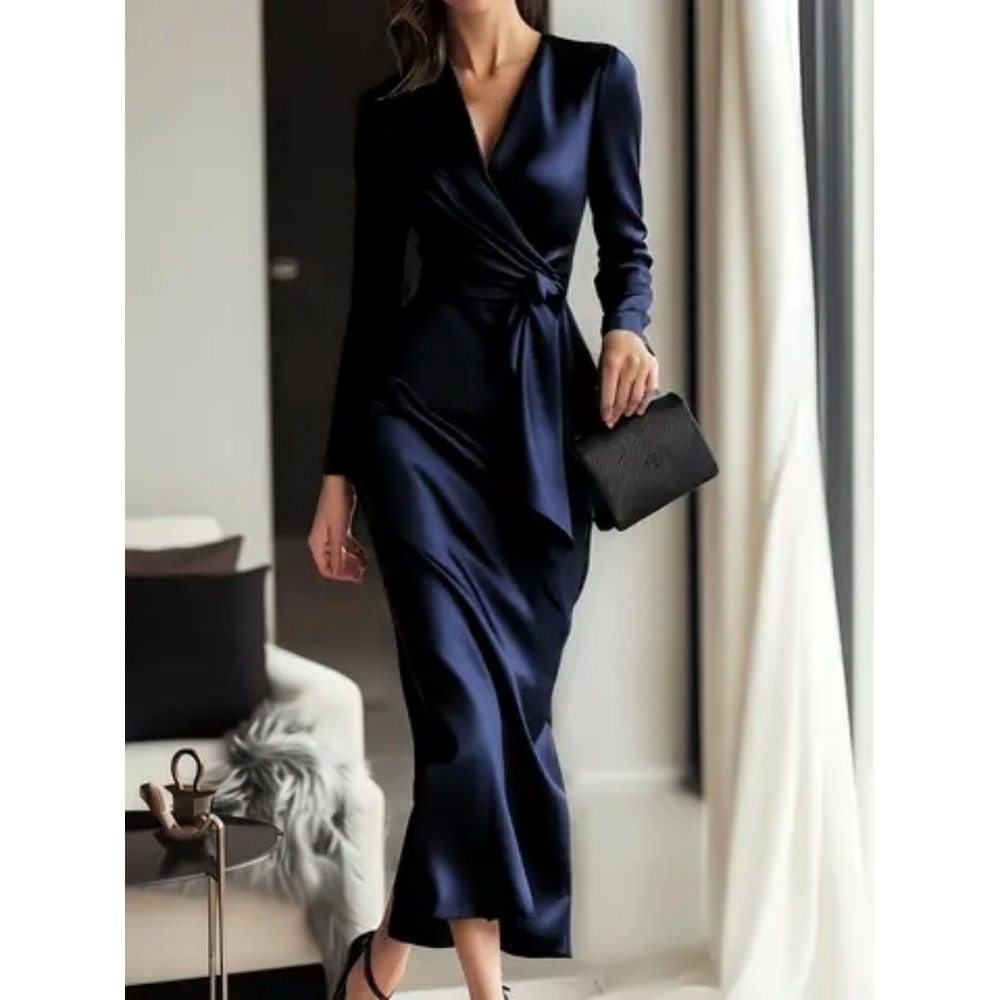 Hepburn style long sleeved lace tight waist dress, autumn temperament goddess dress for women