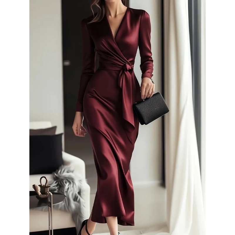 Hepburn style long sleeved lace tight waist dress, autumn temperament goddess dress for women