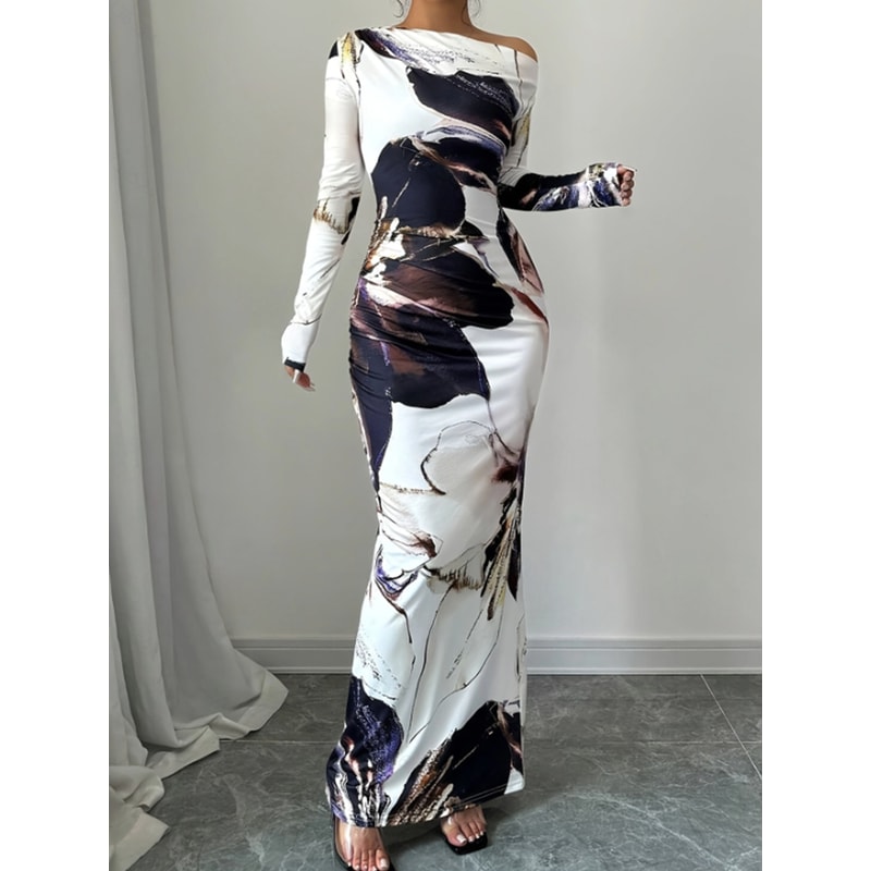 Slanted Shoulder Dress For Women, Long Sleeved Spring Summer Style