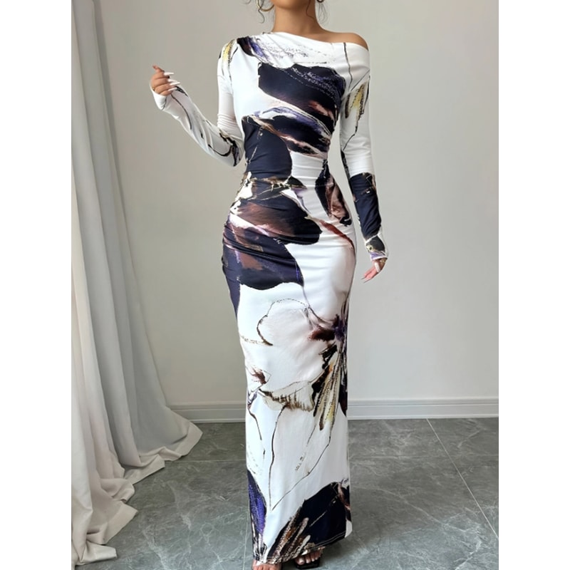 Slanted Shoulder Dress For Women, Long Sleeved Spring Summer Style