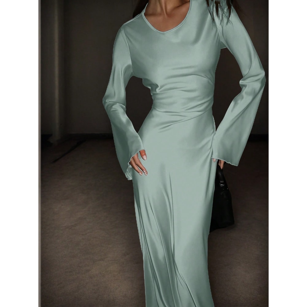 Luxury Womens Satin Maxi Dress, Bespoke Corset Waist Tie, Classic Round Neck, Flared Sleeve Evening Dress