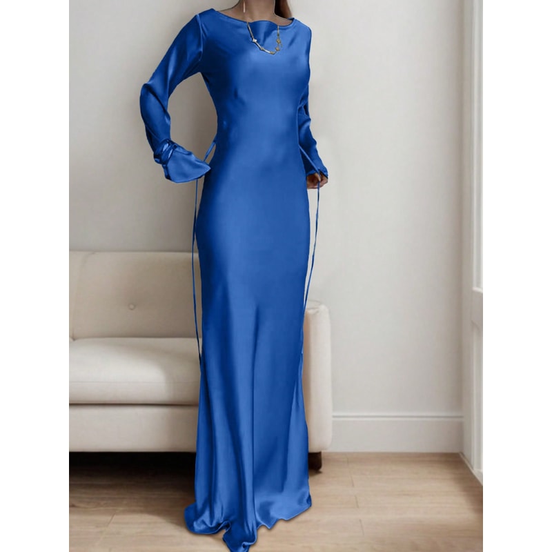 Luxury Womens Satin Maxi Dress, Bespoke Corset Waist Tie, Classic Round Neck, Flared Sleeve Evening Dress