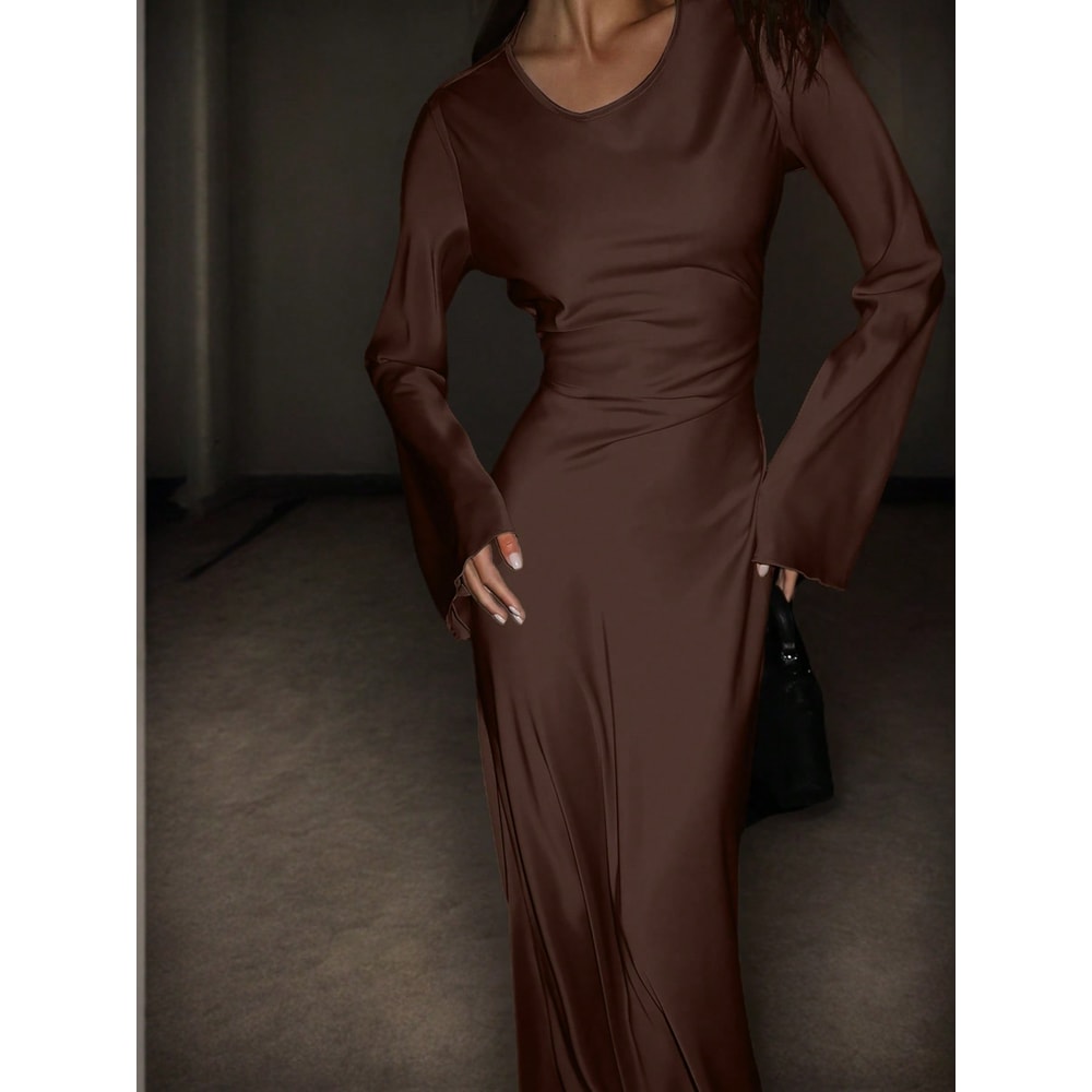 Luxury Womens Satin Maxi Dress, Bespoke Corset Waist Tie, Classic Round Neck, Flared Sleeve Evening Dress