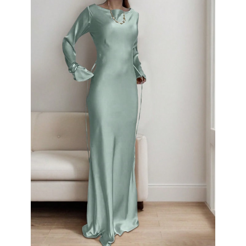 Luxury Womens Satin Maxi Dress, Bespoke Corset Waist Tie, Classic Round Neck, Flared Sleeve Evening Dress