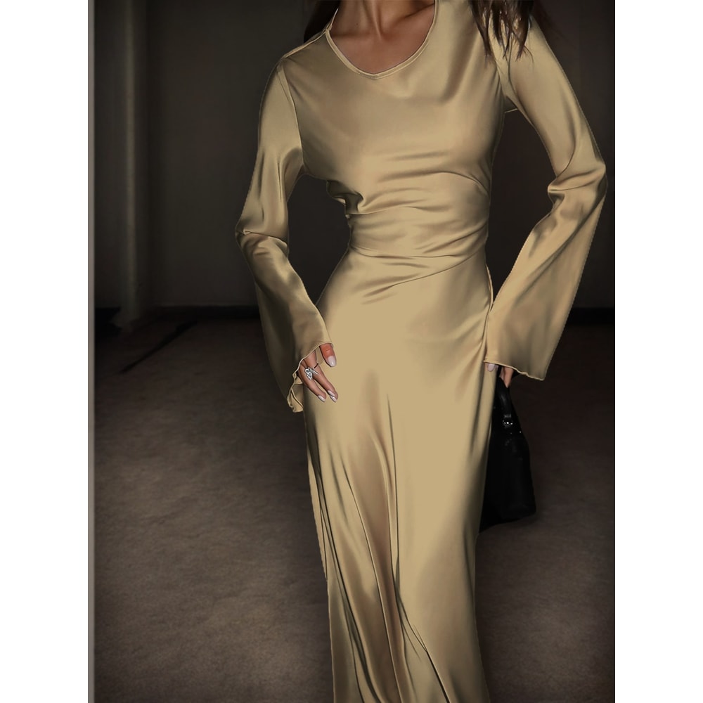 Luxury Womens Satin Maxi Dress, Bespoke Corset Waist Tie, Classic Round Neck, Flared Sleeve Evening Dress