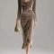 Casual Gold Velvet Sexy Bodycon Dress, European and American Womens Long Sleeve Slim Pleated Split Style