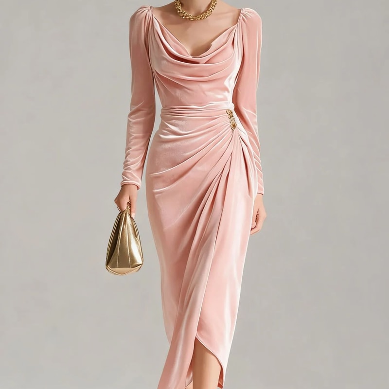 Casual Gold Velvet Sexy Bodycon Dress, European and American Womens Long Sleeve Slim Pleated Split Style