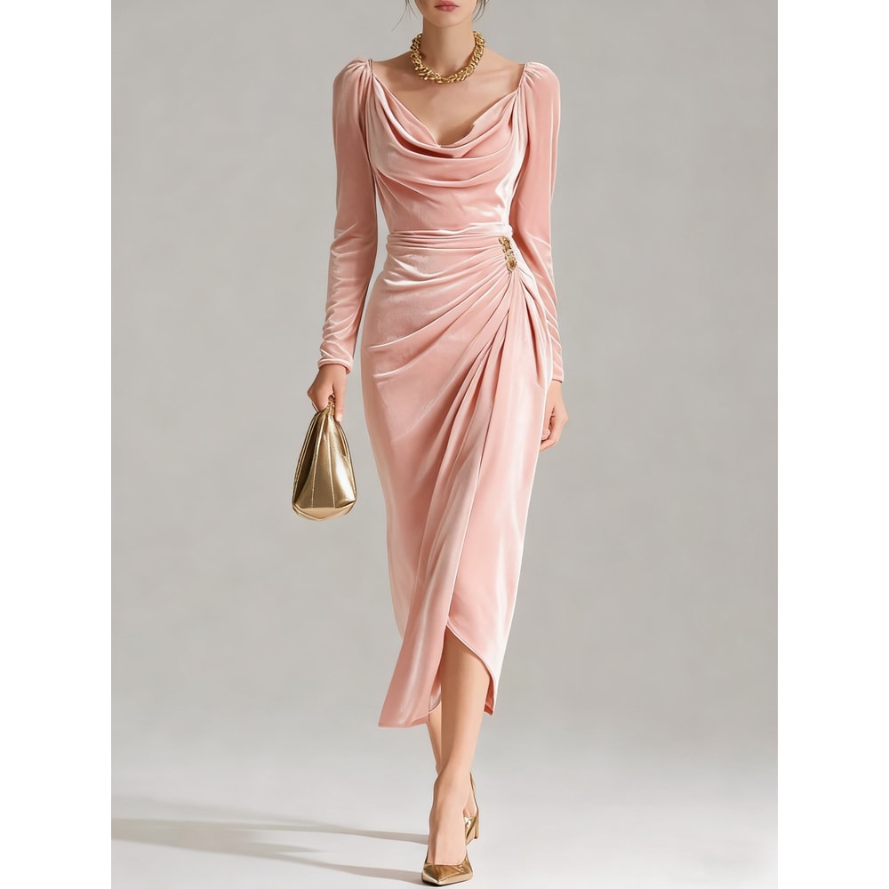 Casual Gold Velvet Sexy Bodycon Dress, European and American Womens Long Sleeve Slim Pleated Split Style