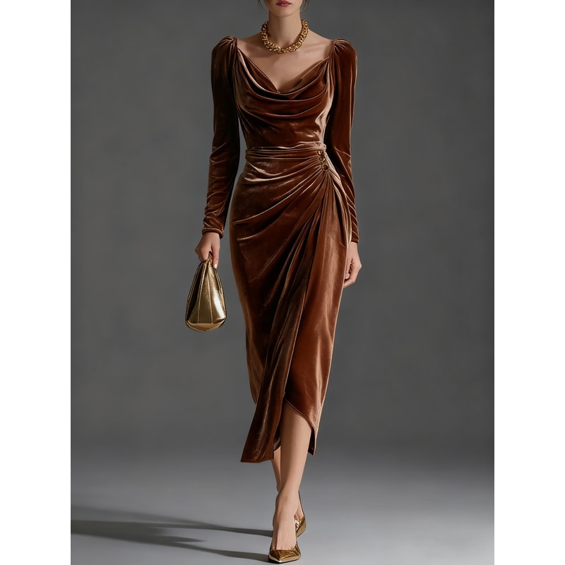 Casual Gold Velvet Sexy Bodycon Dress, European and American Womens Long Sleeve Slim Pleated Split Style