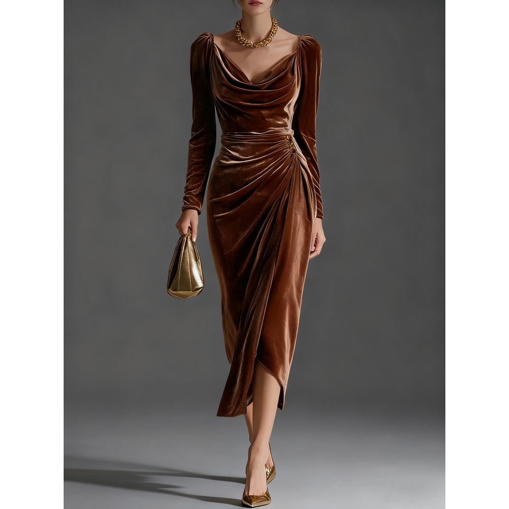 Casual Gold Velvet Sexy Bodycon Dress, European and American Womens Long Sleeve Slim Pleated Split Style