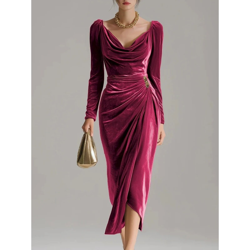 Casual Gold Velvet Sexy Bodycon Dress, European and American Womens Long Sleeve Slim Pleated Split Style