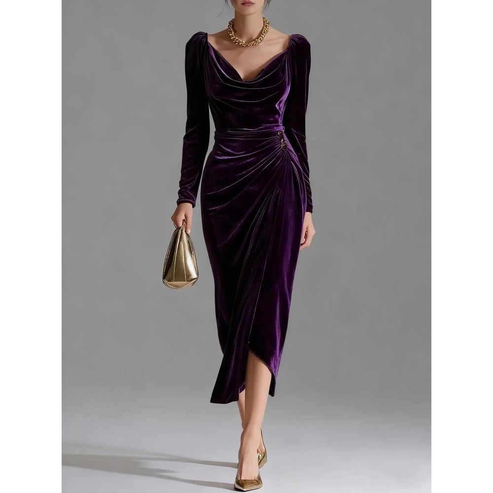 Casual Gold Velvet Sexy Bodycon Dress, European and American Womens Long Sleeve Slim Pleated Split Style