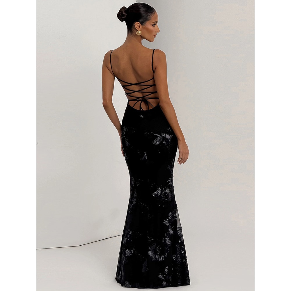 Nibber Elegant Flower Embroidery Maxi Dress Women, Low Neck Cross Bandage Backless Summer Skinny Holiday Vestidos