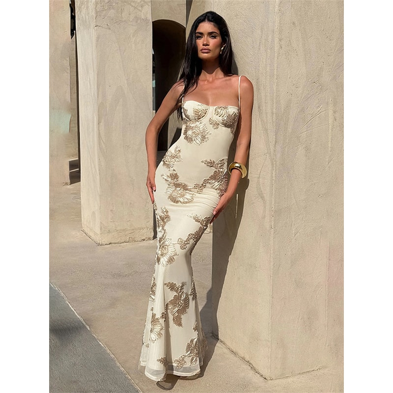 Nibber Elegant Flower Embroidery Maxi Dress Women, Low Neck Cross Bandage Backless Summer Skinny Holiday Vestidos