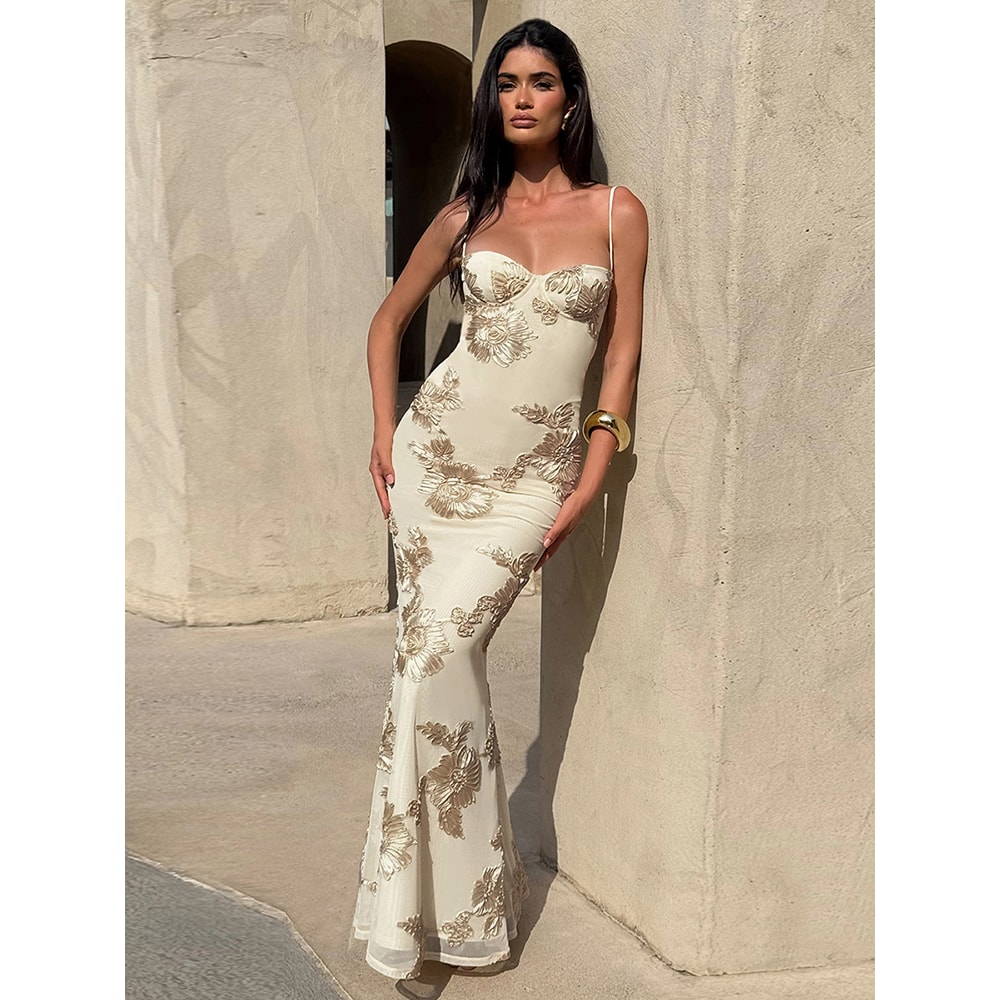 Nibber Elegant Flower Embroidery Maxi Dress Women, Low Neck Cross Bandage Backless Summer Skinny Holiday Vestidos