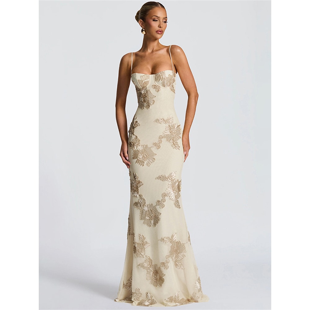 Nibber Elegant Flower Embroidery Maxi Dress Women, Low Neck Cross Bandage Backless Summer Skinny Holiday Vestidos