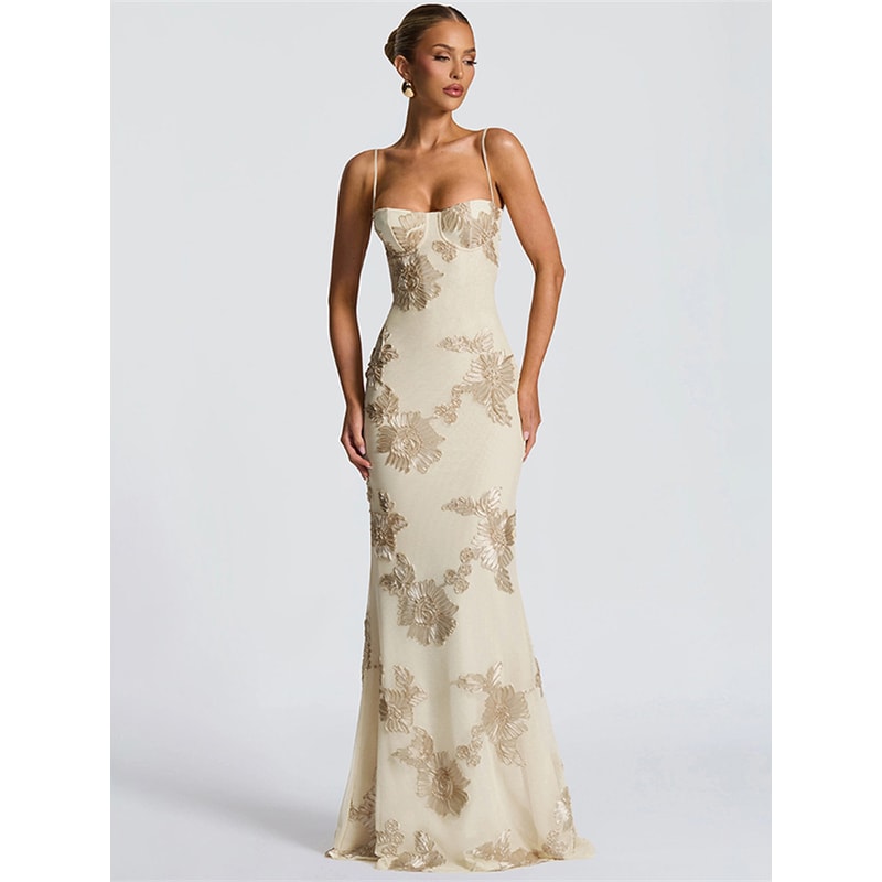 Nibber Elegant Flower Embroidery Maxi Dress Women, Low Neck Cross Bandage Backless Summer Skinny Holiday Vestidos