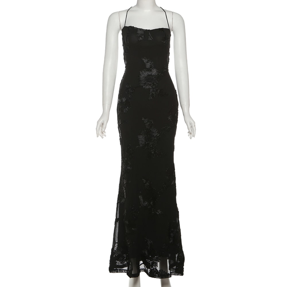 Nibber Elegant Flower Embroidery Maxi Dress Women, Low Neck Cross Bandage Backless Summer Skinny Holiday Vestidos