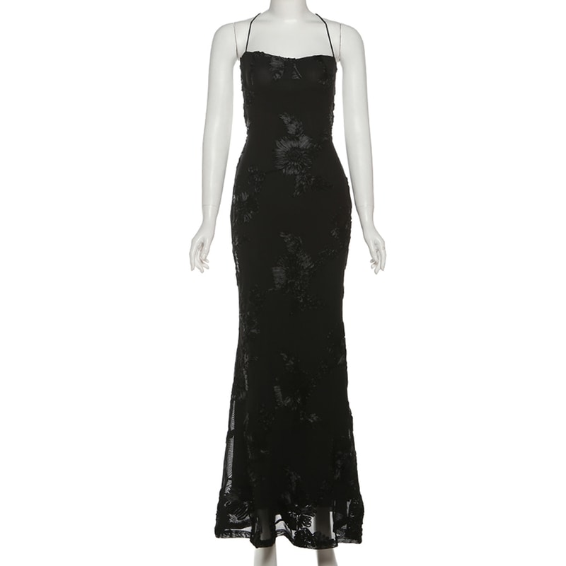 Nibber Elegant Flower Embroidery Maxi Dress Women, Low Neck Cross Bandage Backless Summer Skinny Holiday Vestidos