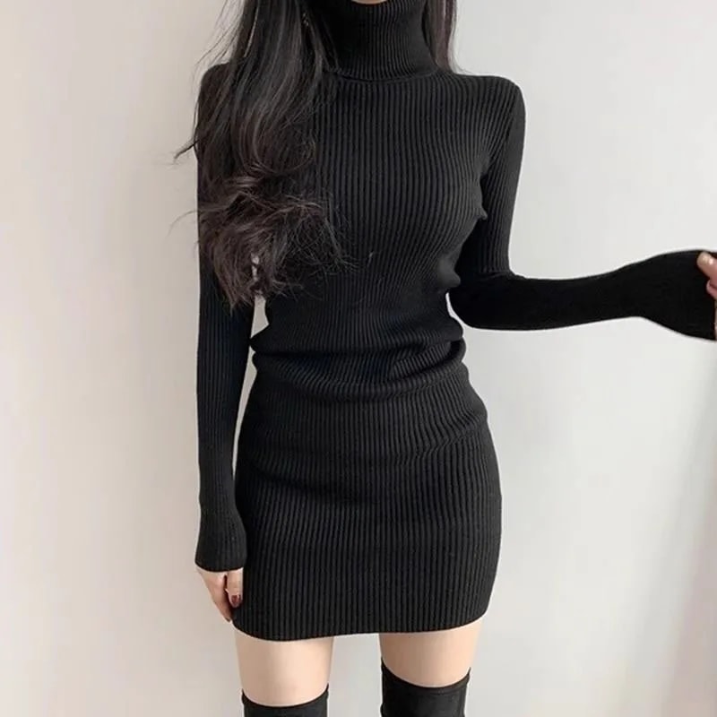 Sexy Slim Turtleneck Sweater Dress Women, Streetwear Bodycon Mini, Thick Basic Bottoming Dress Lady
