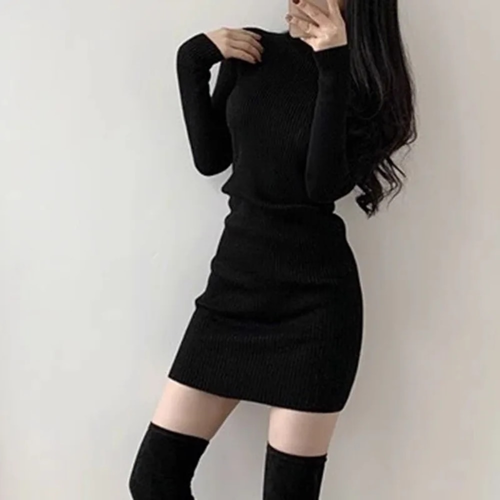 Sexy Slim Turtleneck Sweater Dress Women, Streetwear Bodycon Mini, Thick Basic Bottoming Dress Lady