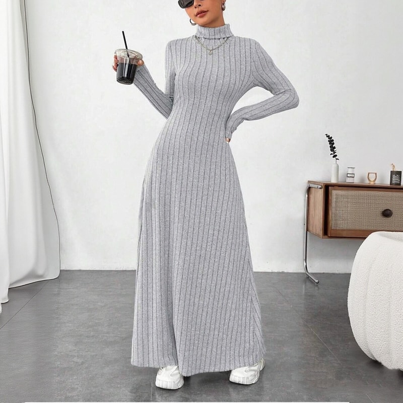 Turtleneck Vintage Dress Women, Autumn Winter Solid Casual Street Vestidos Fashion