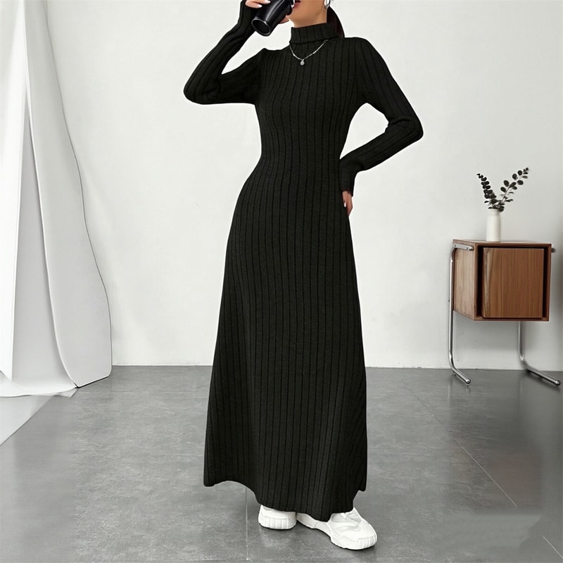 Turtleneck Vintage Dress Women, Autumn Winter Solid Casual Street Vestidos Fashion