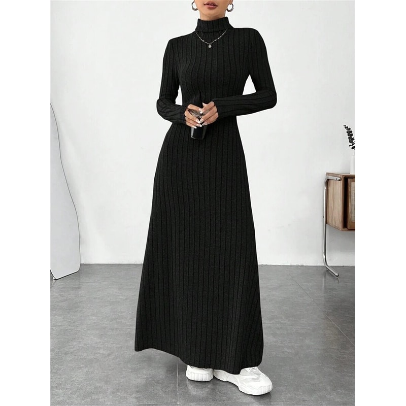Turtleneck Vintage Dress Women, Autumn Winter Solid Casual Street Vestidos Fashion