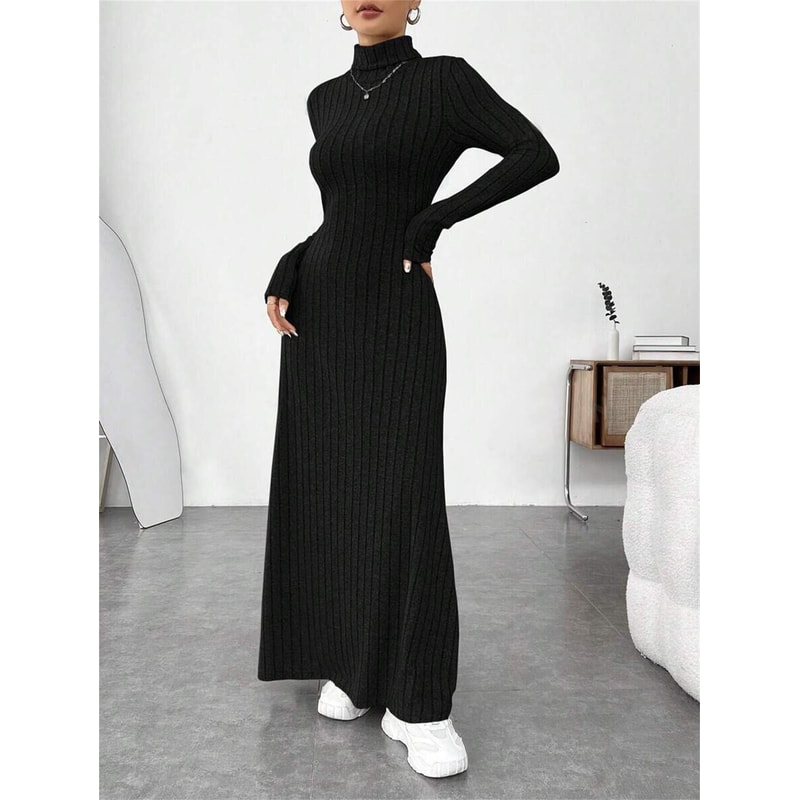Turtleneck Vintage Dress Women, Autumn Winter Solid Casual Street Vestidos Fashion