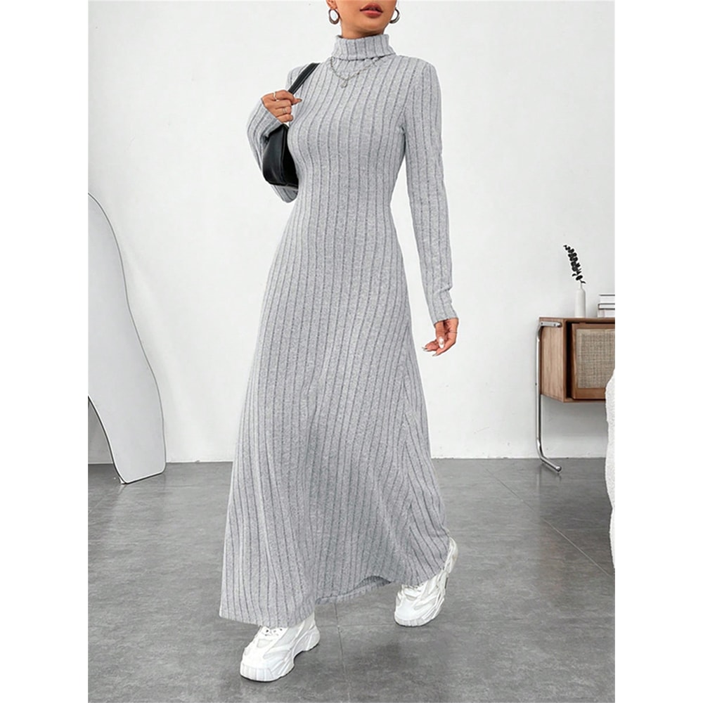 Turtleneck Vintage Dress Women, Autumn Winter Solid Casual Street Vestidos Fashion