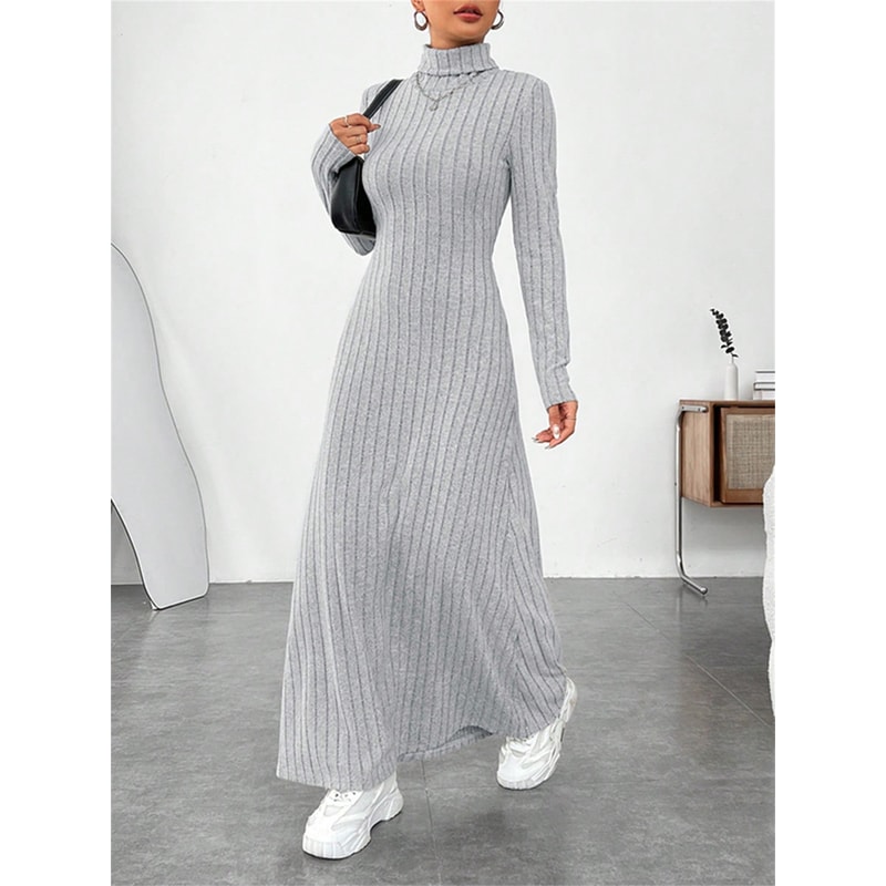 Turtleneck Vintage Dress Women, Autumn Winter Solid Casual Street Vestidos Fashion
