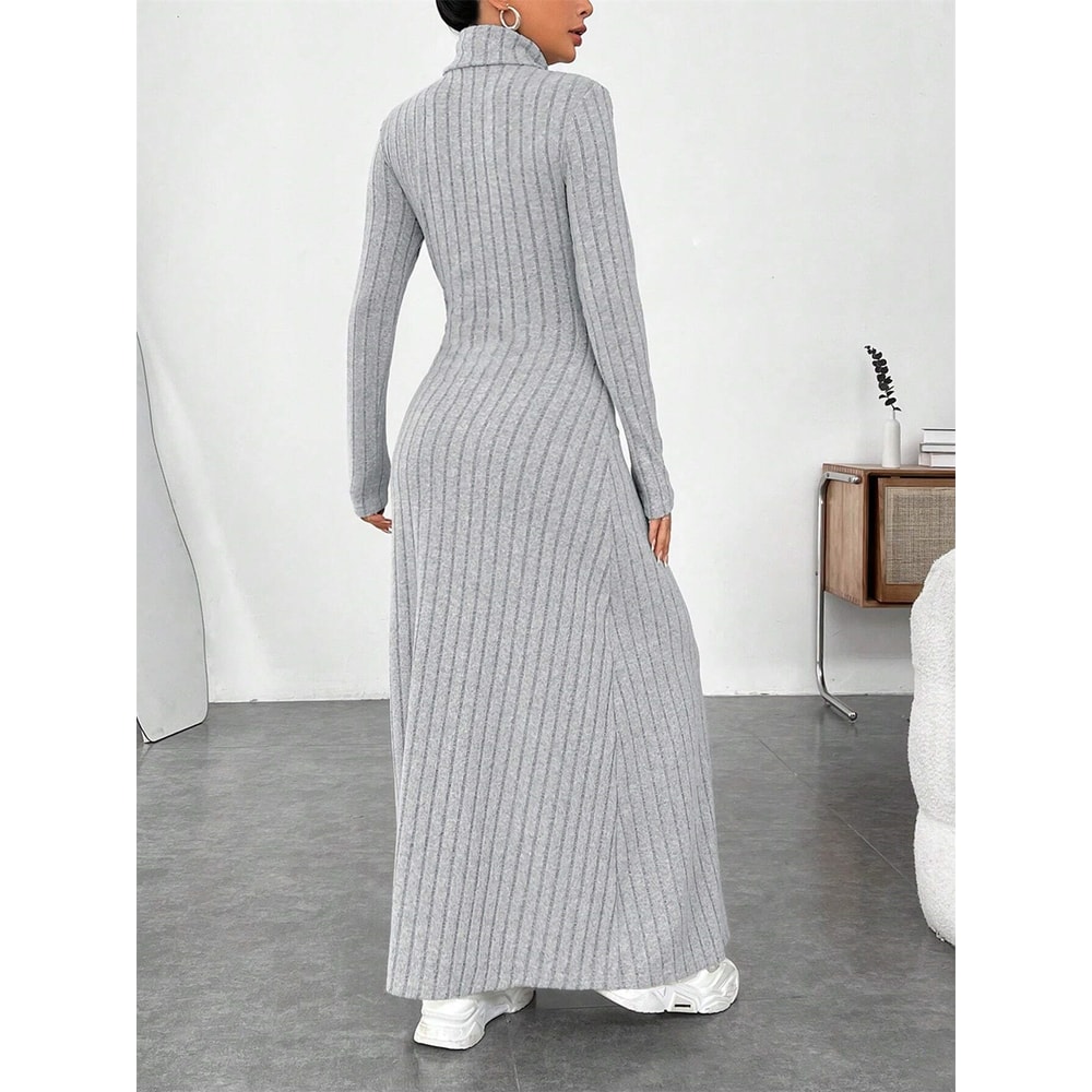 Turtleneck Vintage Dress Women, Autumn Winter Solid Casual Street Vestidos Fashion