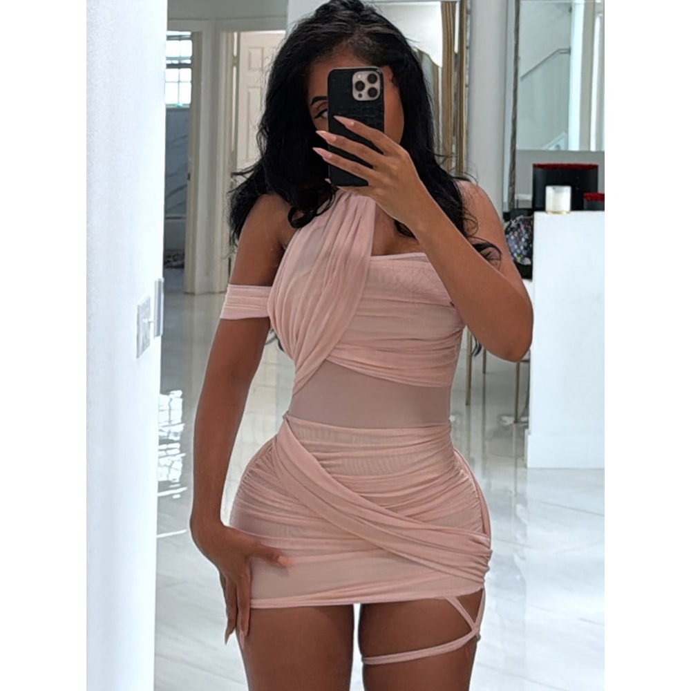 Mesh Cross Irregular Women Mini Dress, Sexy Slash Neck Sleeveless Hollow Slim Party Clubwear Vestidos Mujer