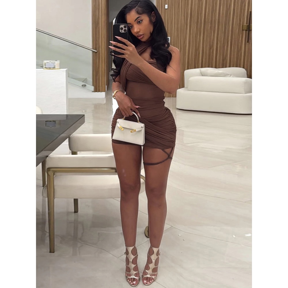 Mesh Cross Irregular Women Mini Dress, Sexy Slash Neck Sleeveless Hollow Slim Party Clubwear Vestidos Mujer