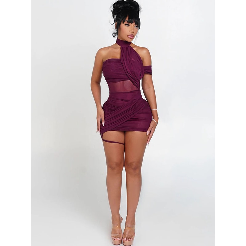 Mesh Cross Irregular Women Mini Dress, Sexy Slash Neck Sleeveless Hollow Slim Party Clubwear Vestidos Mujer