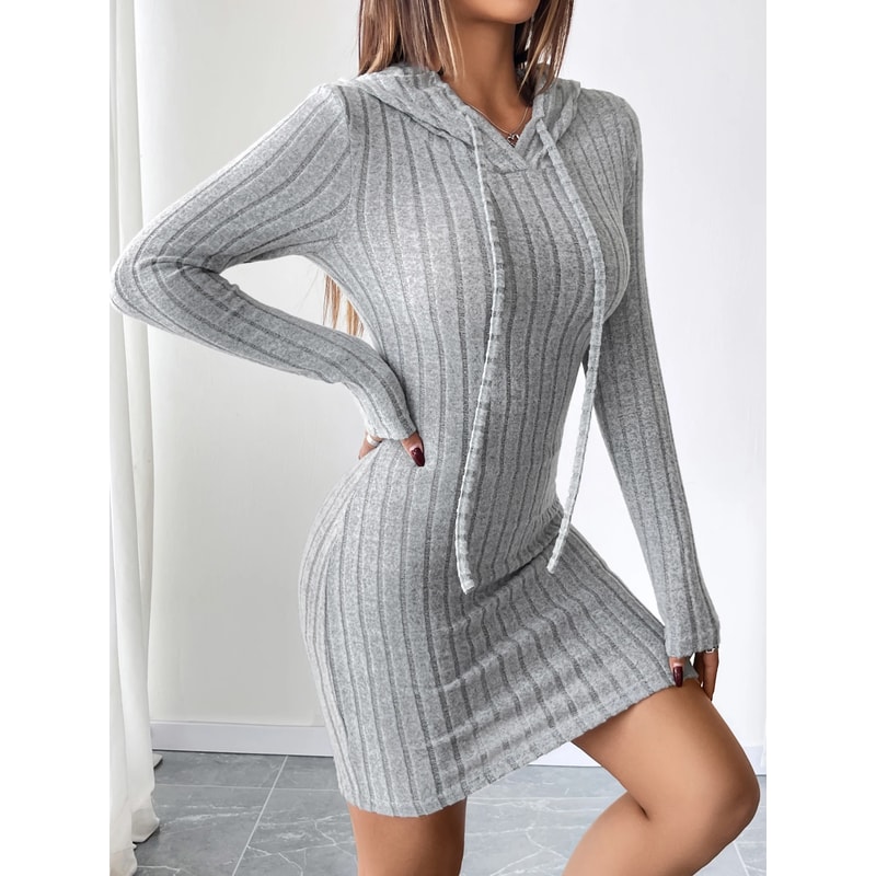Comfortable Casual Hooded Slim Fit Dress Trendy Ribbed Knitted Style With Drawstring For Women 0