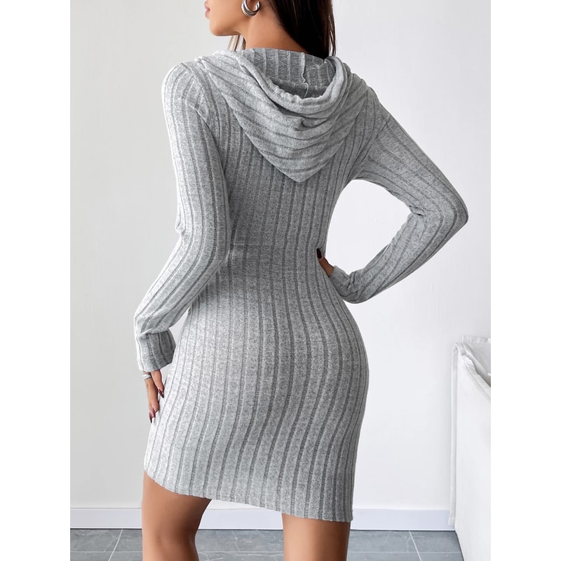 Comfortable Casual Hooded Slim Fit Dress Trendy Ribbed Knitted Style With Drawstring For Women 2