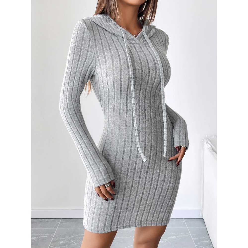 Comfortable Casual Hooded Slim Fit Dress Trendy Ribbed Knitted Style With Drawstring For Women 4